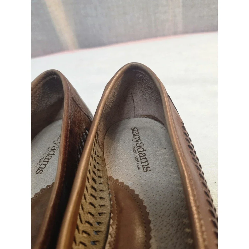 Vintage 80s 90s Stacy Adams Mens 10M Woven Leather Loafers Tan Brazil Deadstock